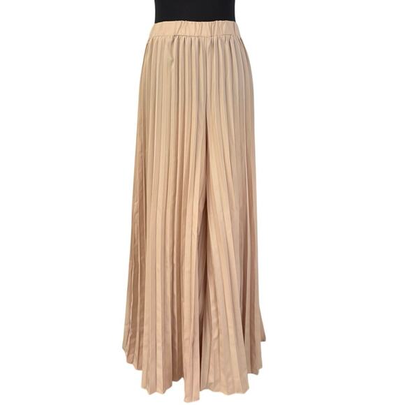 Beige Wide Leg Pleated Palazzo Pants Sz L-XL Flowy High Waist Elastic Waistband - Picture 1 of 7